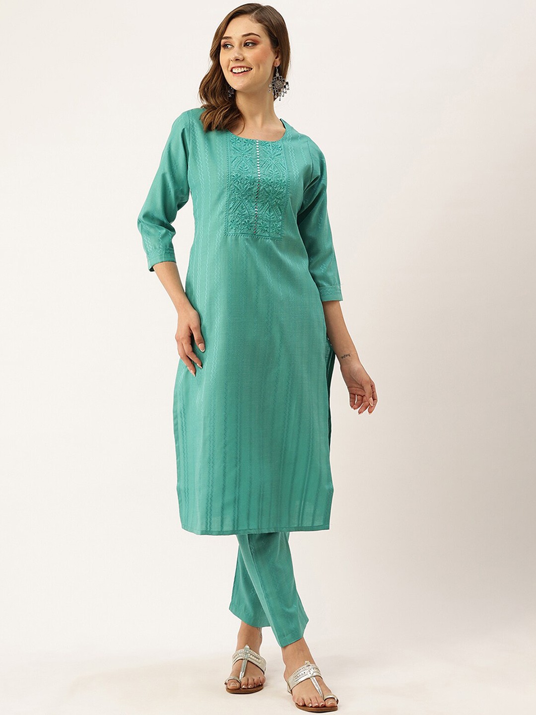 

ODETTE Ethnic Motifs Yoke Design Mirror Work Kurta with Trousers, Sea green