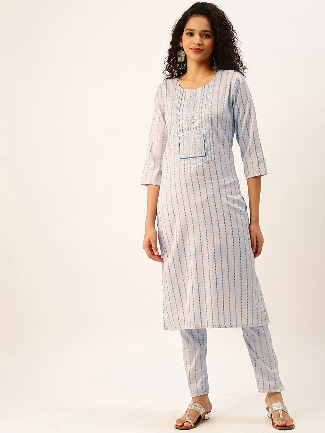 

ODETTE Striped Round Neck Thread Work Straight Kurta with Trousers, Grey