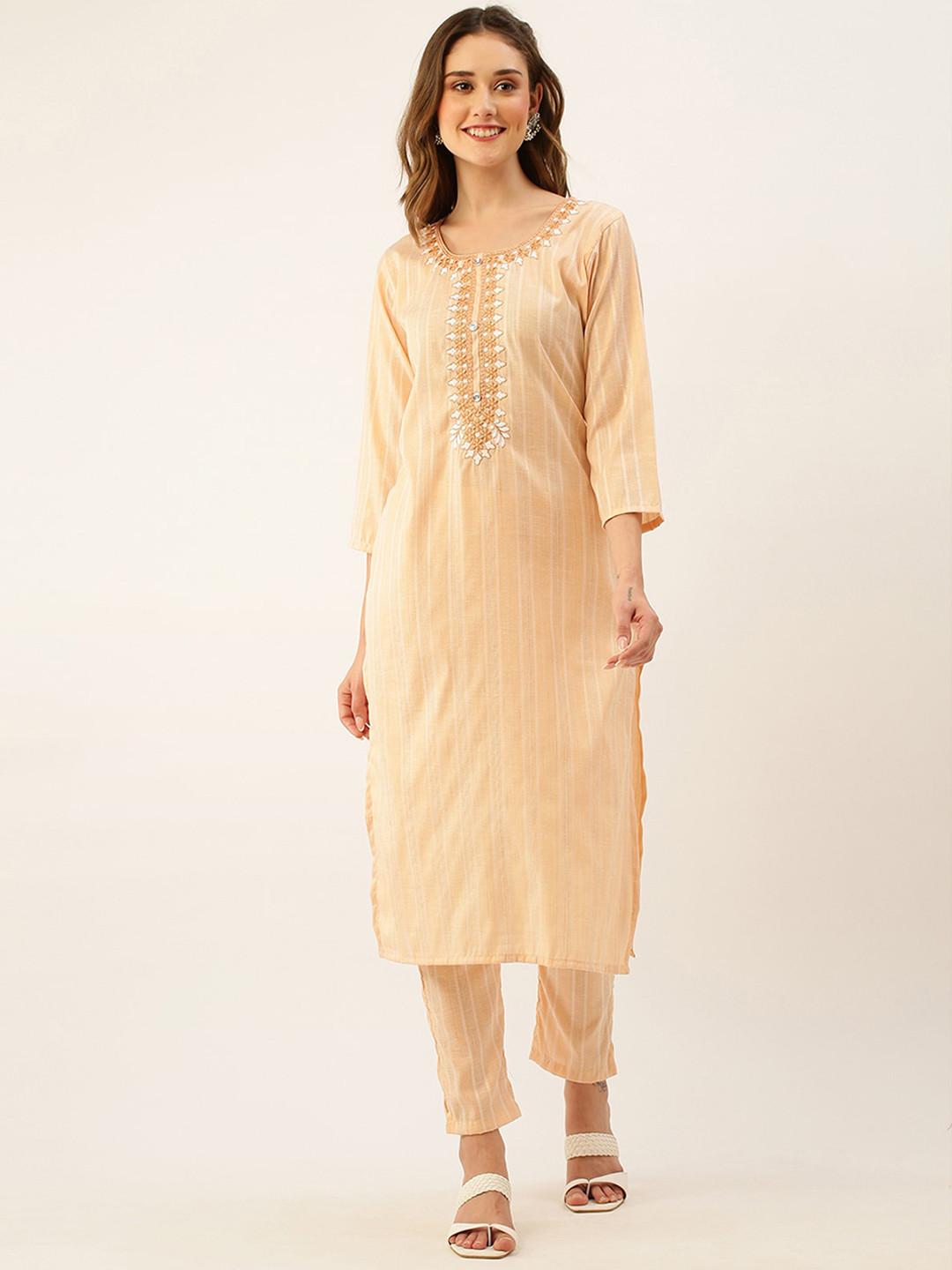 

ODETTE Striped Round Neck Thread Work Straight Kurta with Trousers, Peach