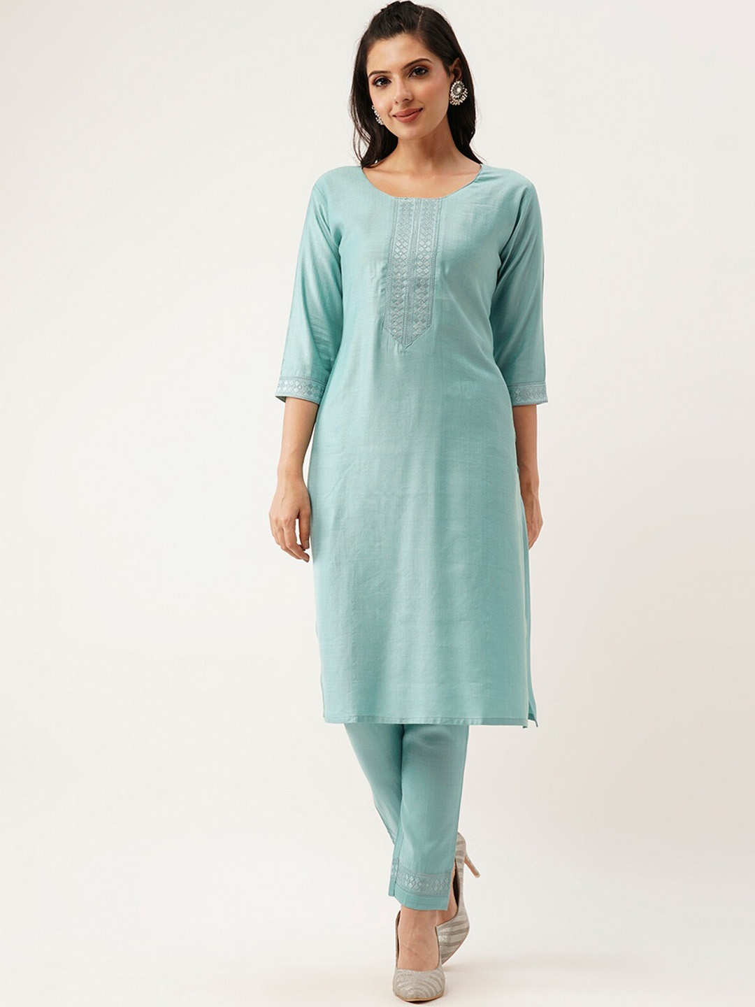 

ODETTE Ethnic Motifs Yoke Design Thread Work Straight Kurta with Trousers, Blue
