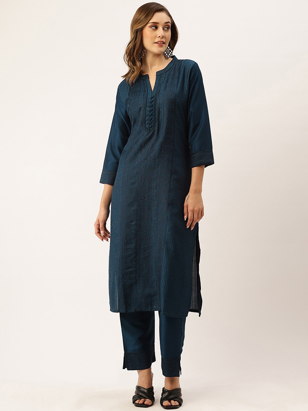 

ODETTE Geometric Embroidered Mandarin Collar Sequined Kurta with Trousers, Teal