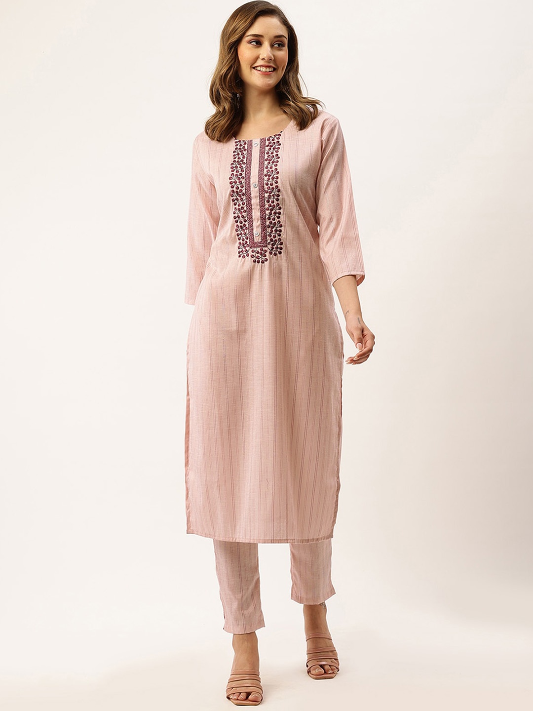 

ODETTE Striped Regular Thread Work Kurta with Trousers, Pink