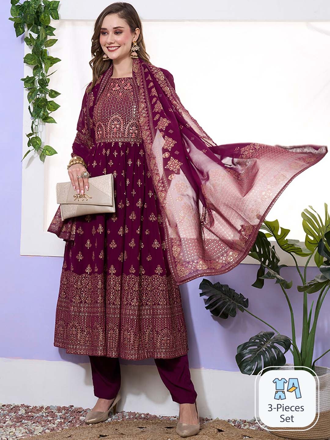 

ODETTE Ethnic Motifs Printed Regular Thread Work Kurta with Trousers & With Dupatta, Purple