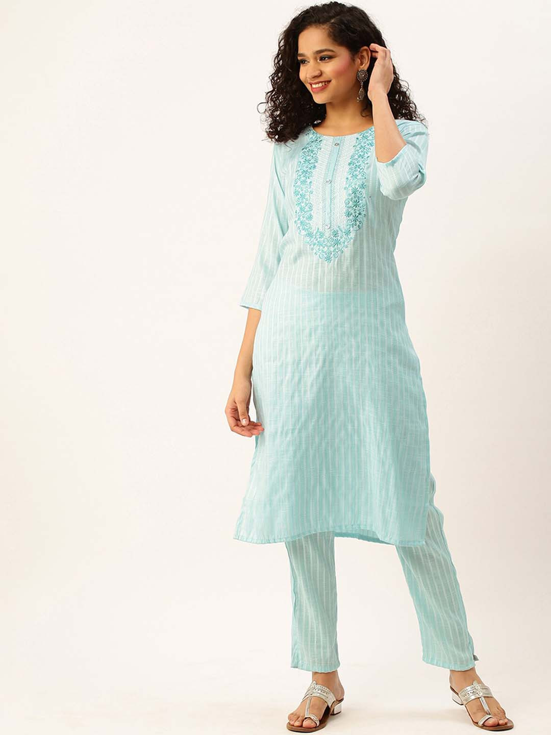 

ODETTE Striped Regular Thread Work Kurta with Trousers, Blue