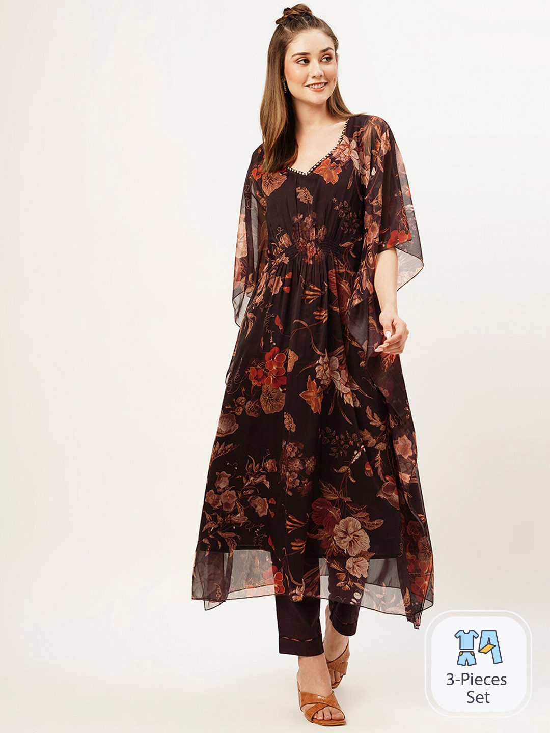 

ODETTE Floral Printed V-Neck Beads and Stones Kurta With Trousers, Purple