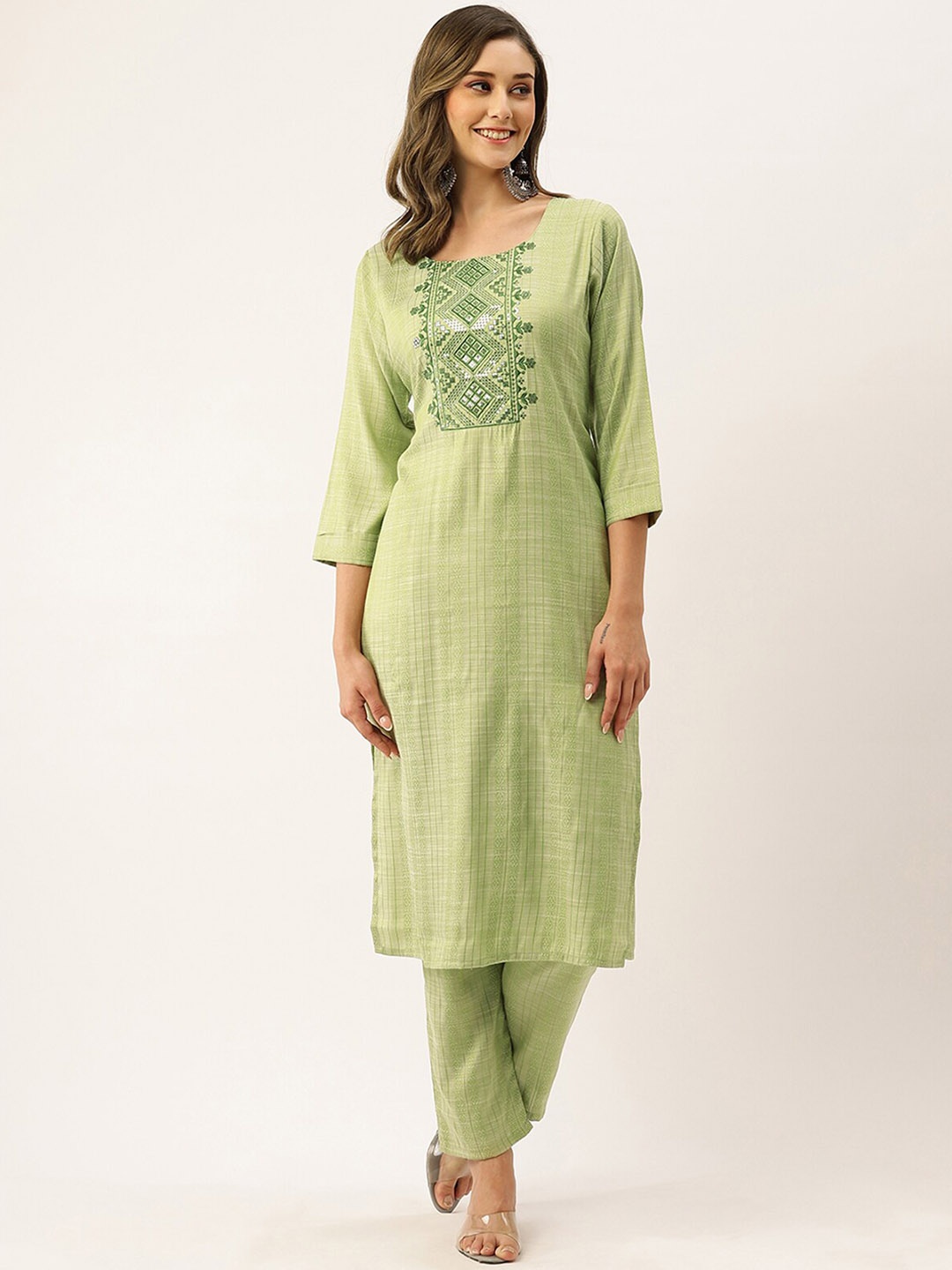 

ODETTE Ethnic Motifs Yoke Design Thread Work Kurta With Trousers, Green