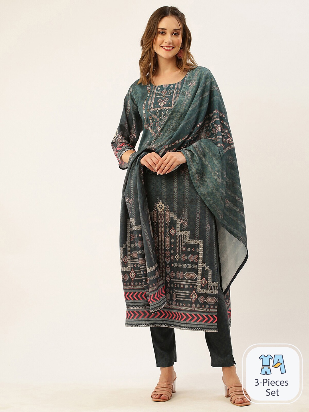 

ODETTE Ethnic Motifs Printed Linen Kurta With Harem Pants & Dupatta, Teal