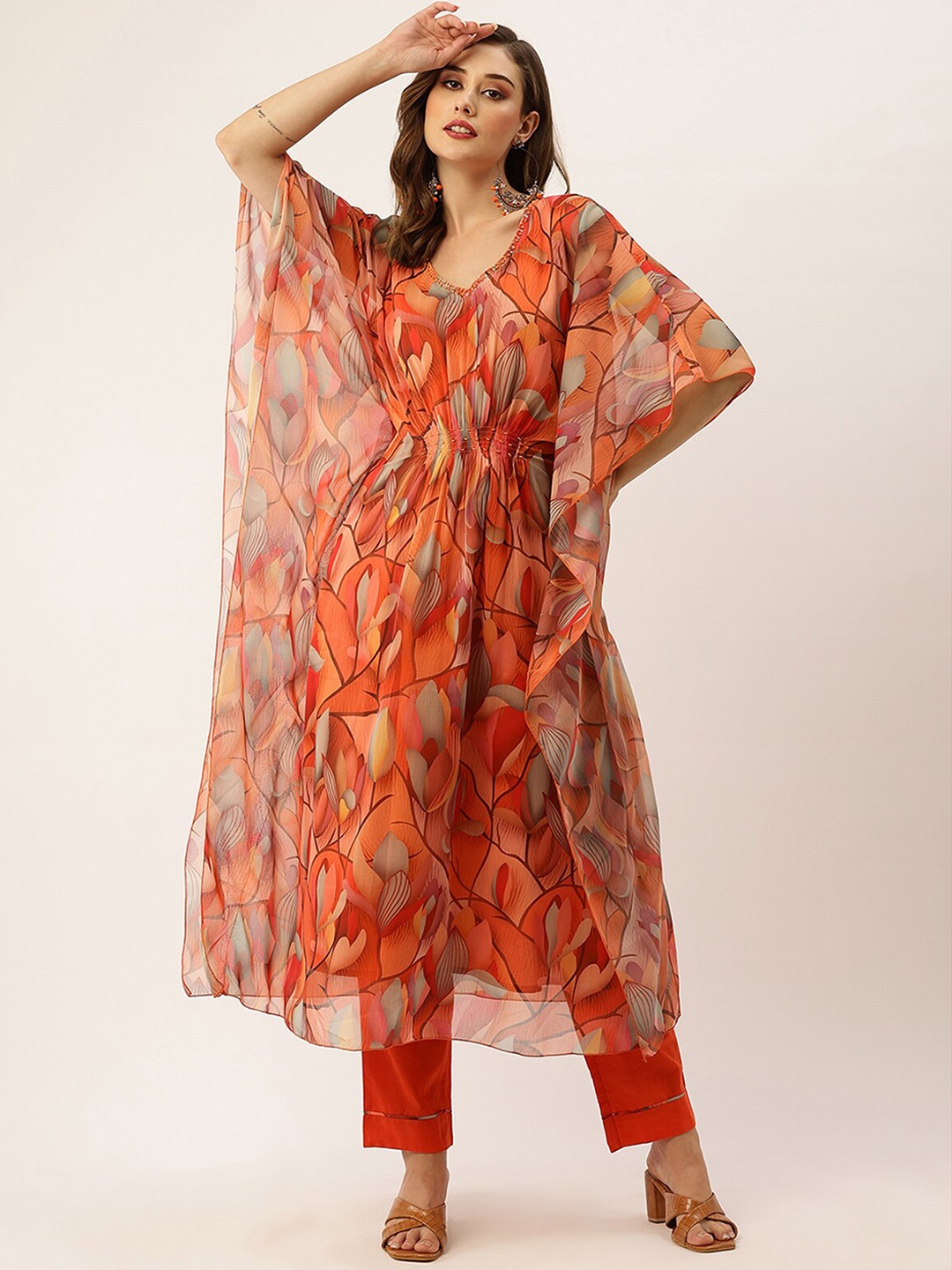 

ODETTE Floral Printed Sequinned Kurta With Trousers, Orange