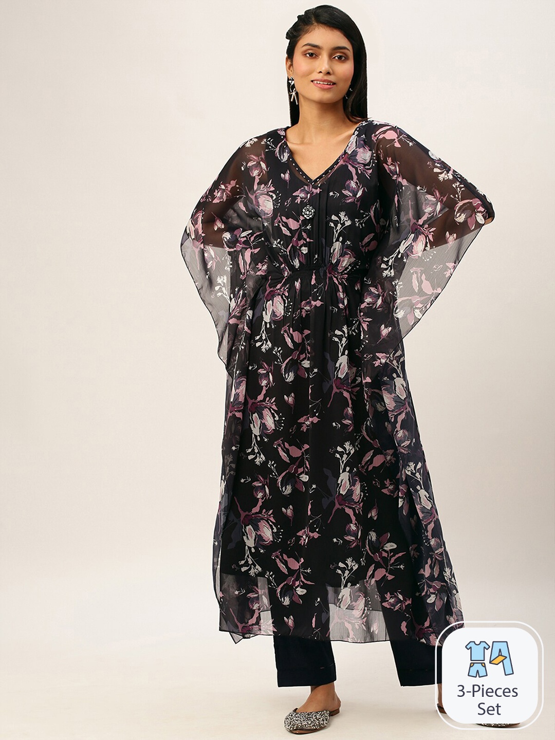 

ODETTE Floral Printed Kaftan Kurta with Trousers, Blue
