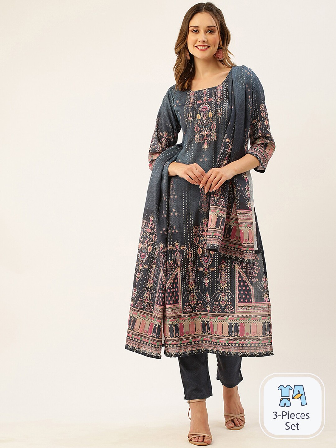 

ODETTE Ethnic Motifs Printed Regular Kurta with Trousers & Dupatta, Blue