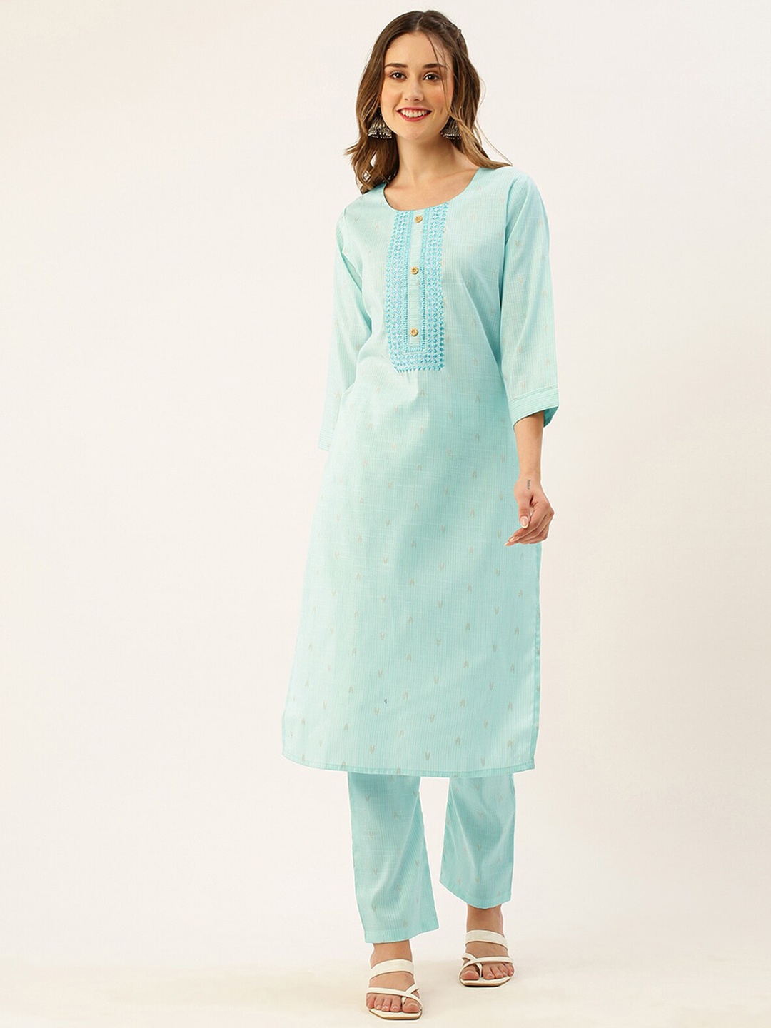 

ODETTE Ethnic Motifs Yoke Designed Regular Thread Work Kurta with Trousers, Blue