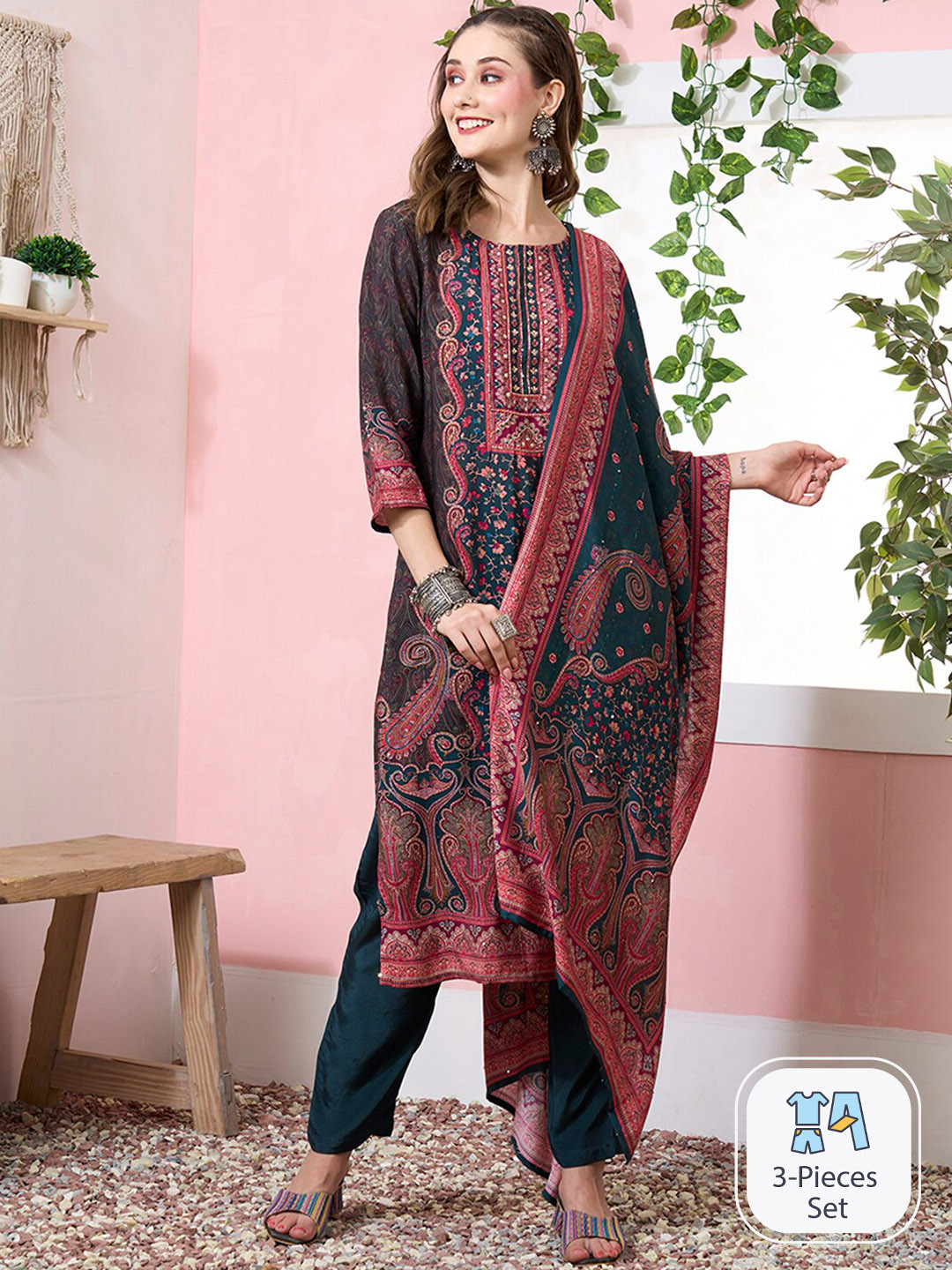 

ODETTE Ethnic Motifs Printed Regular Kurta with Trousers & With Dupatta, Teal