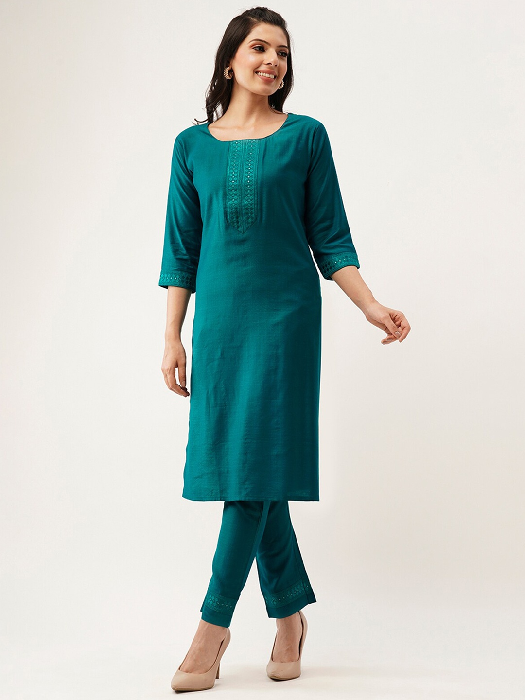 

ODETTE Ethnic Motifs Yoke Design Regular Thread Work Kurta with Trousers, Teal