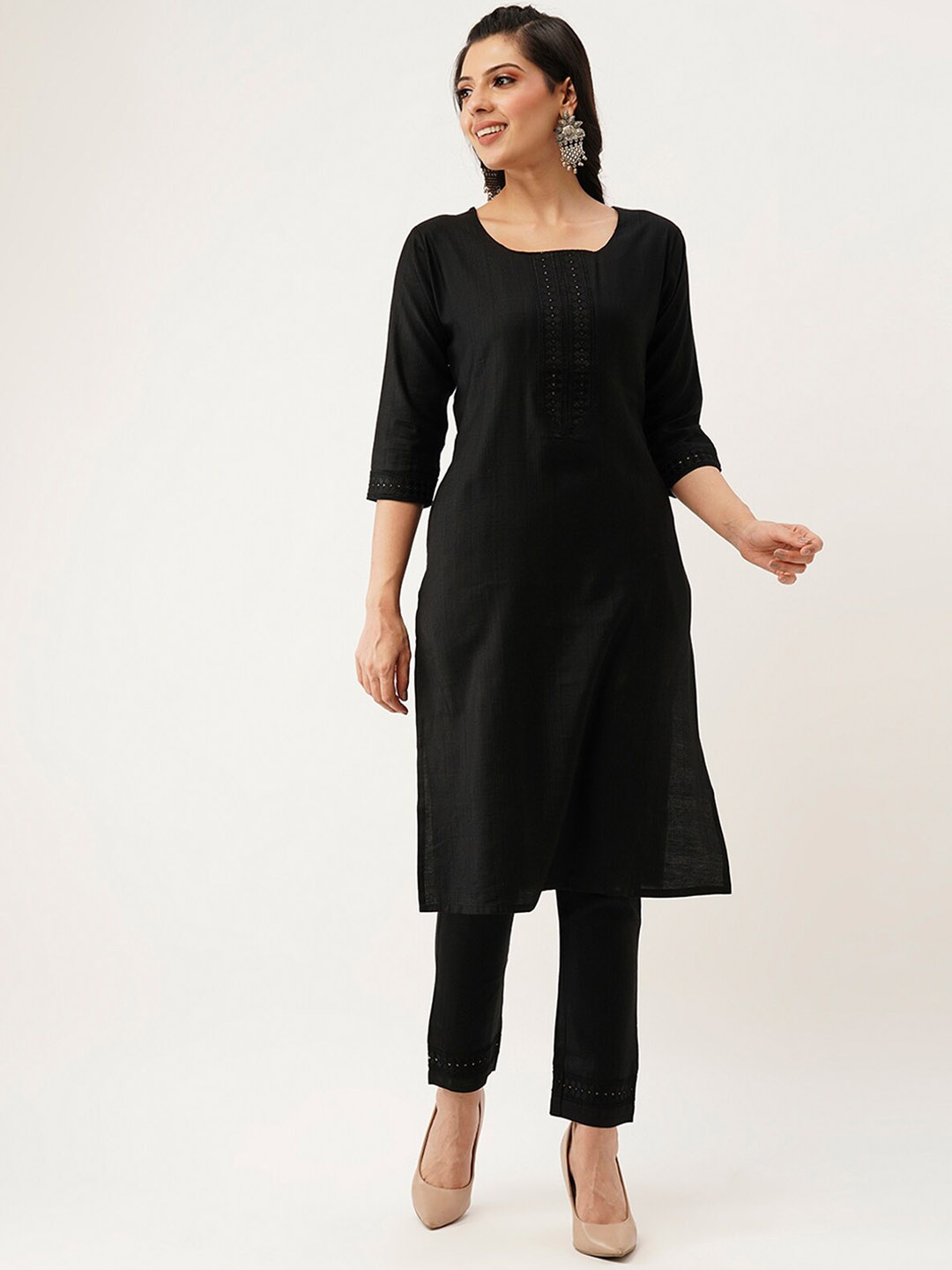 

ODETTE Yoke Design Regular Thread Work Kurta with Trousers, Black