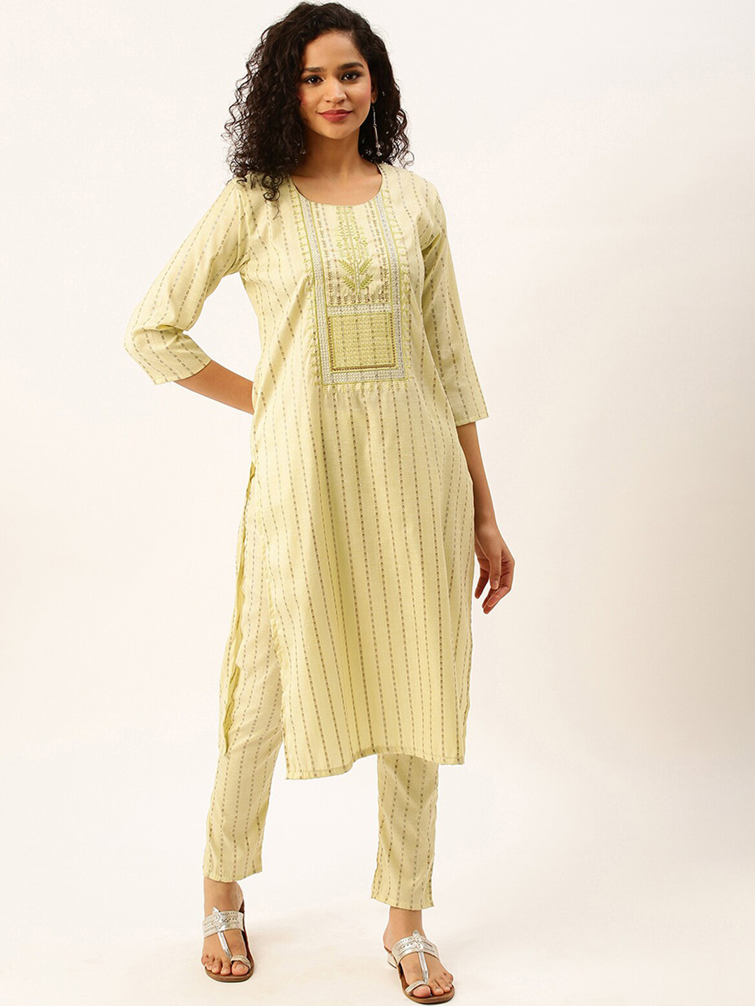 

ODETTE Ethnic Motif Printed Regular Thread Work Kurta with Trousers, Yellow