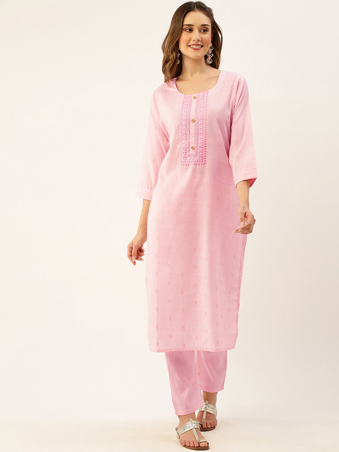 

ODETTE Ethnic Motifs Embroidered Kurta With Trousers, Pink