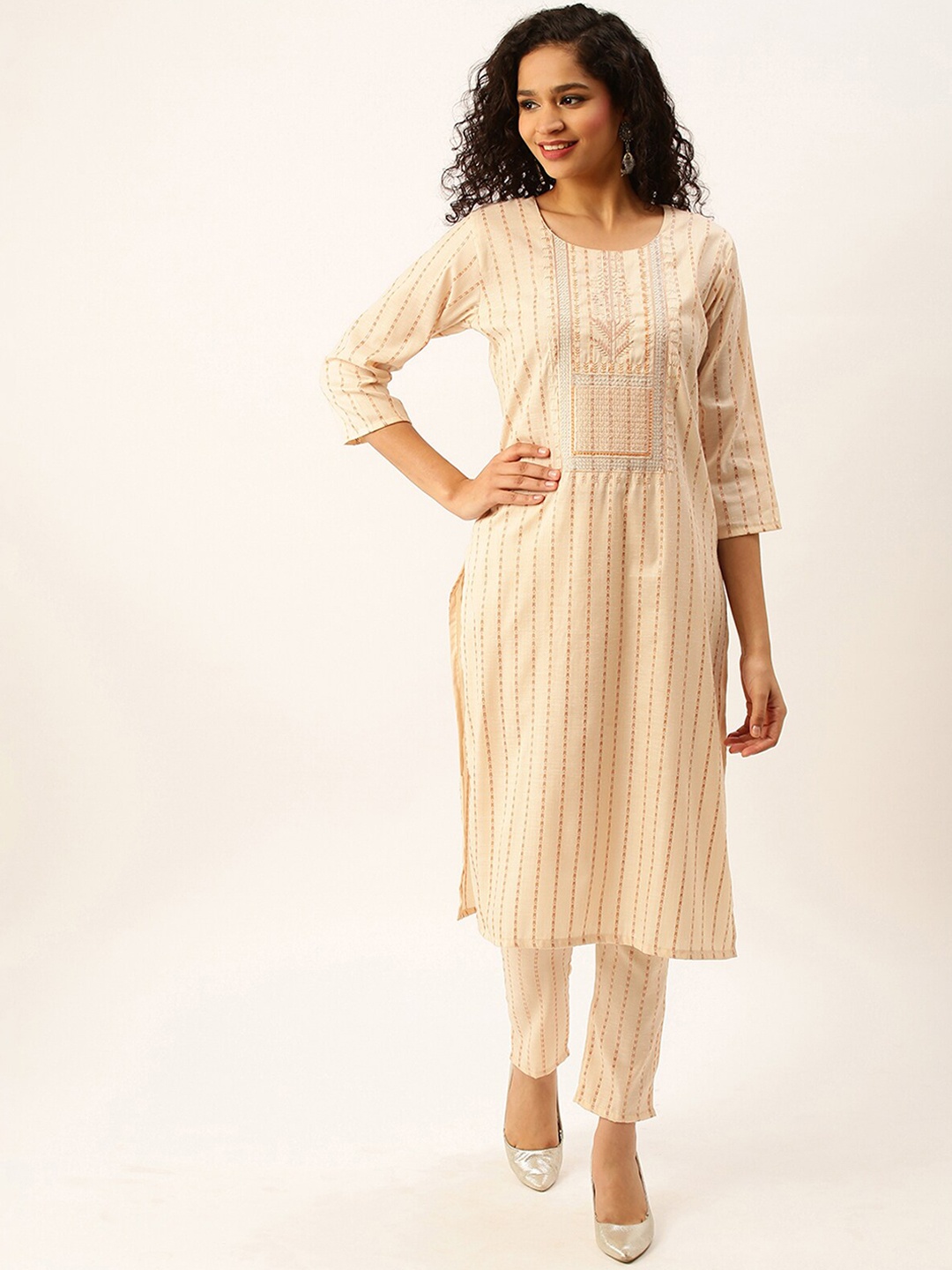 

ODETTE Ethnic Motifs Embroidered Kurta With Trousers, Beige