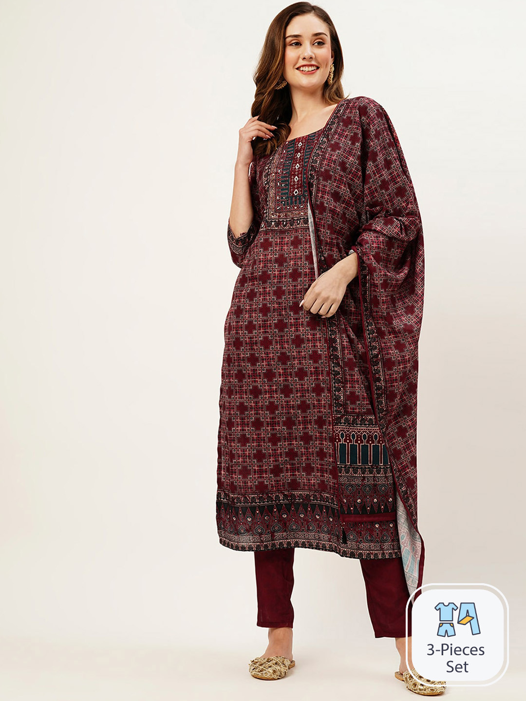 

ODETTE Ethnic Motifs Printed Linen Kurta With Trousers & Dupatta, Maroon