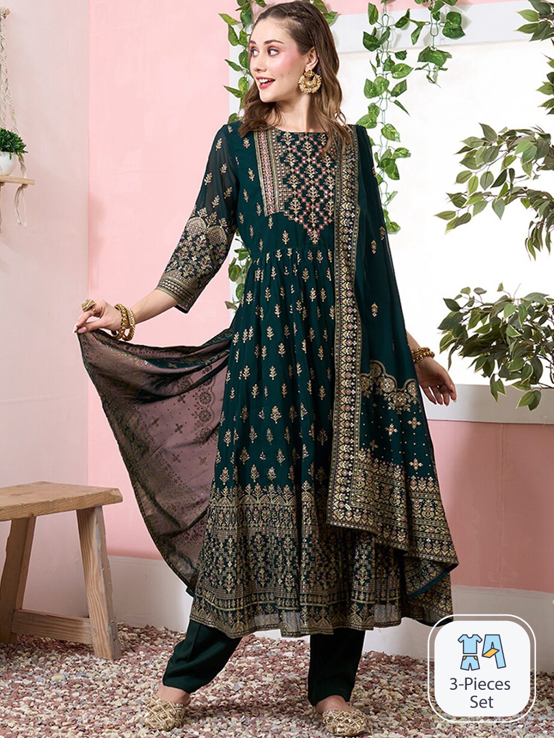 

ODETTE Ethnic Motifs Embroidered Regular Kurta With Trousers & Dupatta, Green