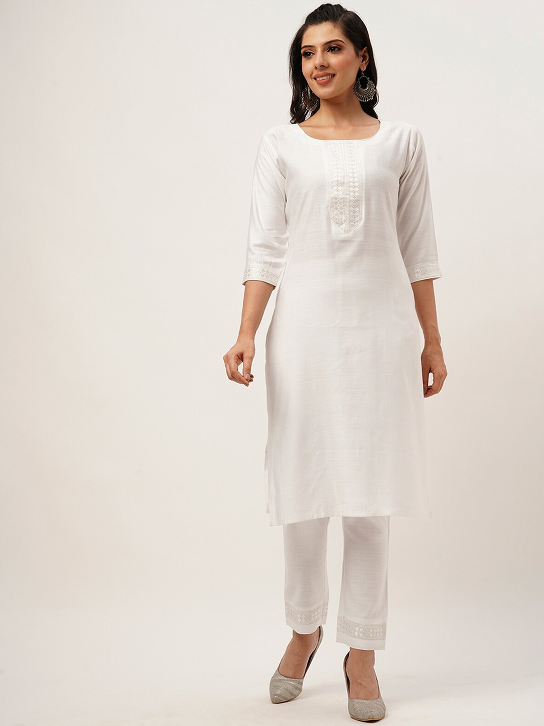 

ODETTE Ethnic Motifs Yoke Design Regular Thread Work Kurta With Trousers, White