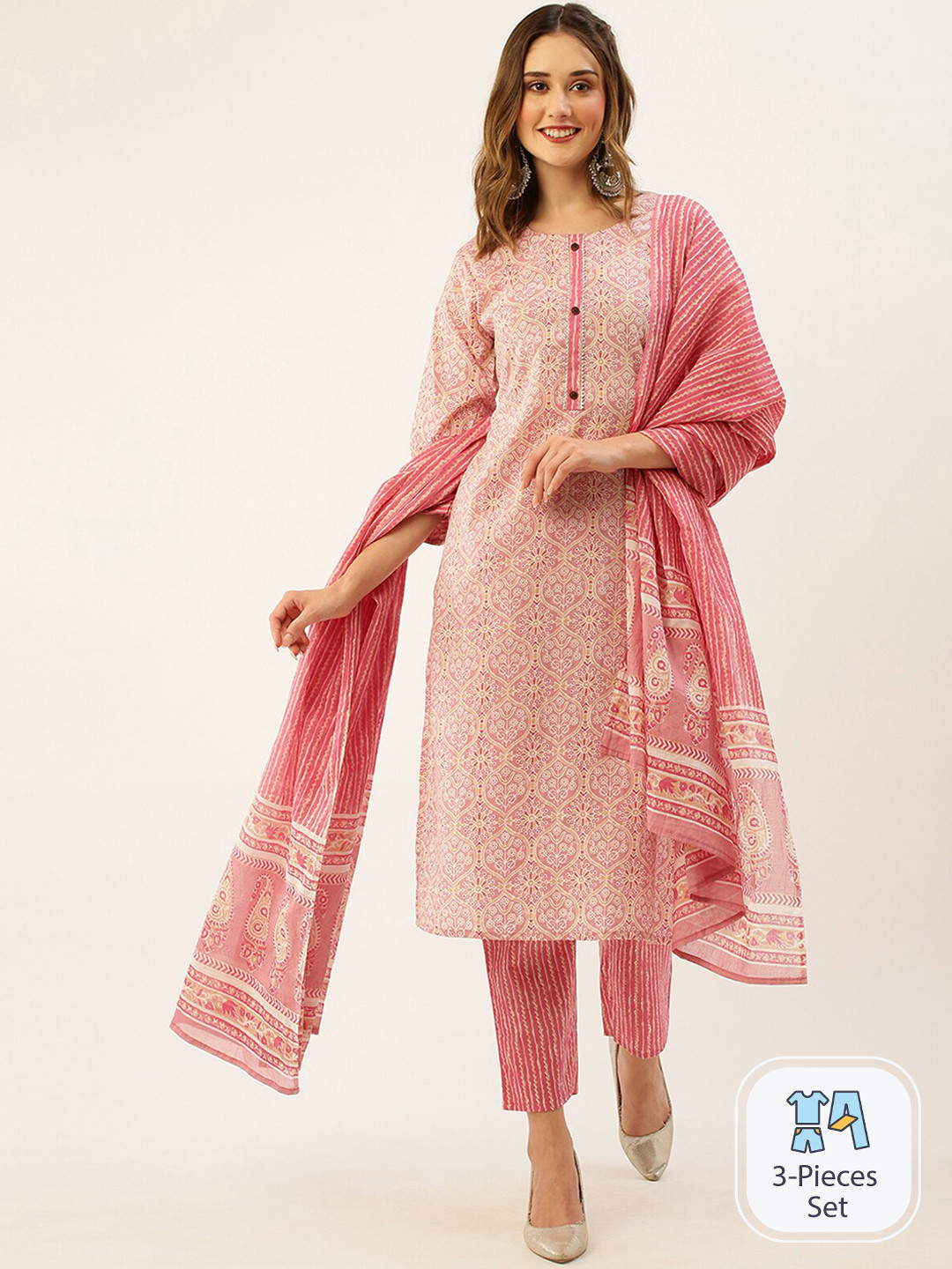 

ODETTE Ethnic Motifs Printed Regular Kurta With Trousers & Dupatta, Pink