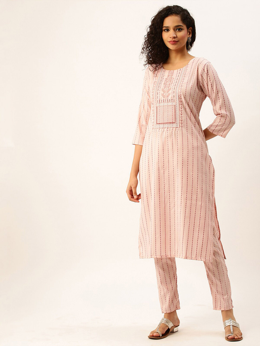 

ODETTE Ethnic Motifs Embroidered Kurta With Trousers, Pink