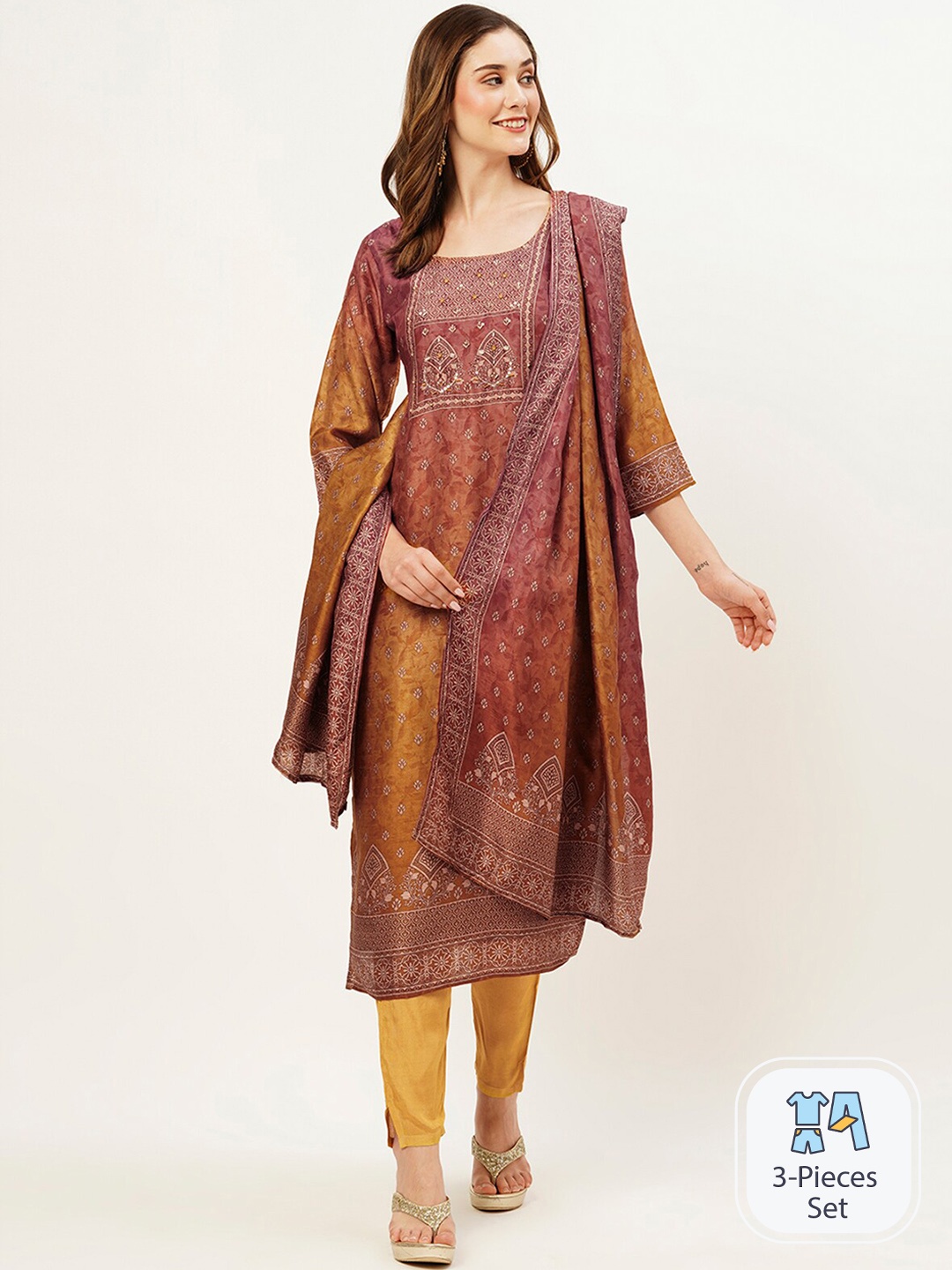 

ODETTE Ethnic Motifs Printed Sequinned Kurta with Trousers & Dupatta, Brown