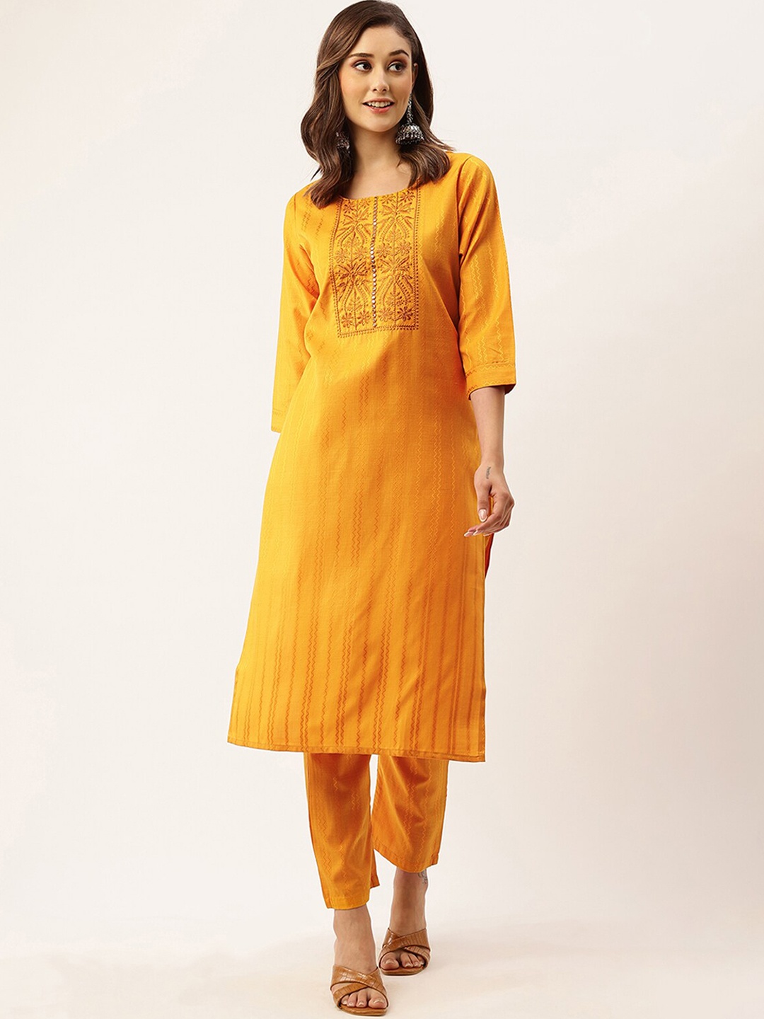 

ODETTE Ethnic Motifs Embroidered Kurta with Trousers, Mustard