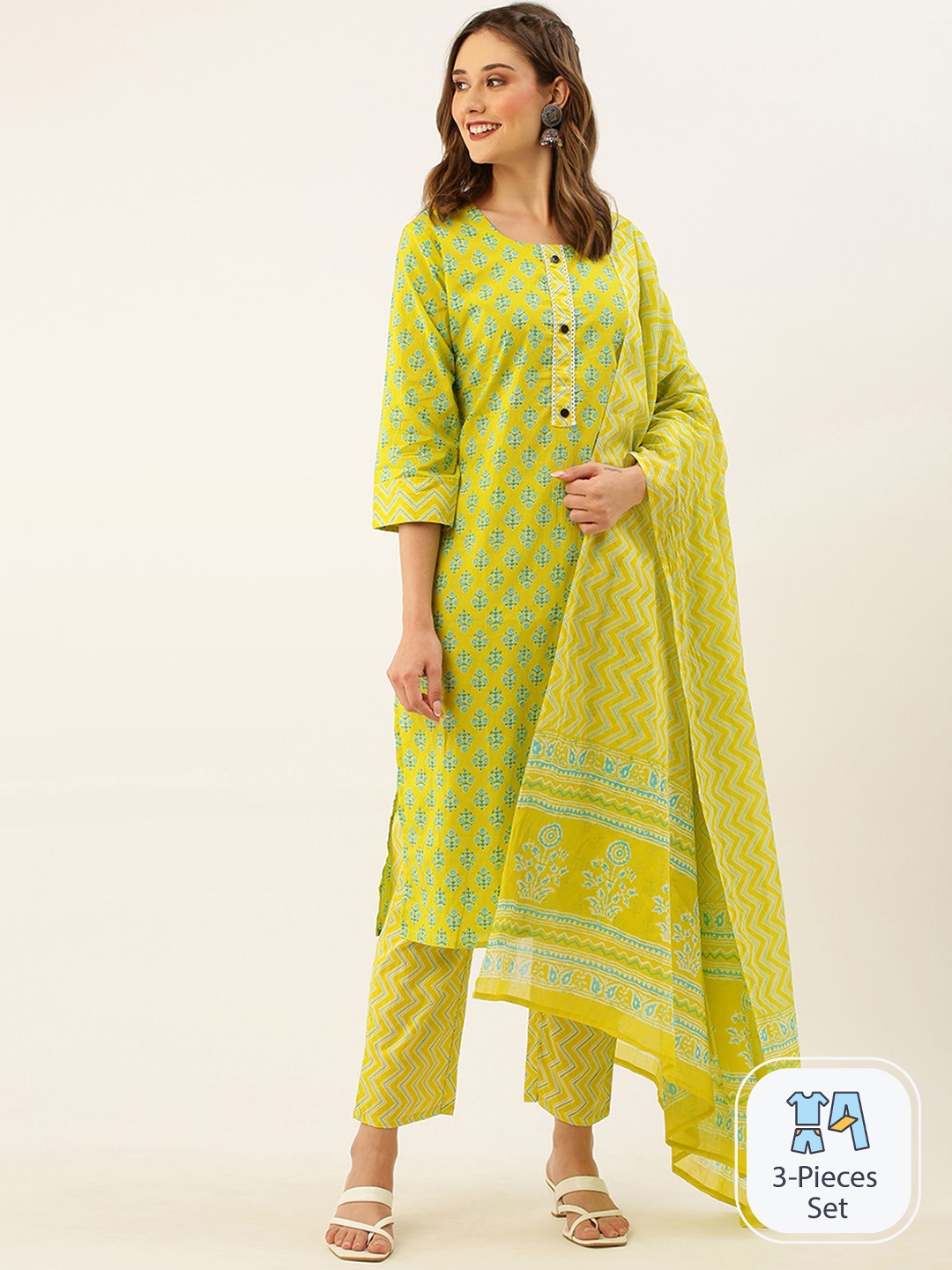

ODETTE Ethnic Motifs Printed Regular Kurta with Trousers & Dupatta, Lime green