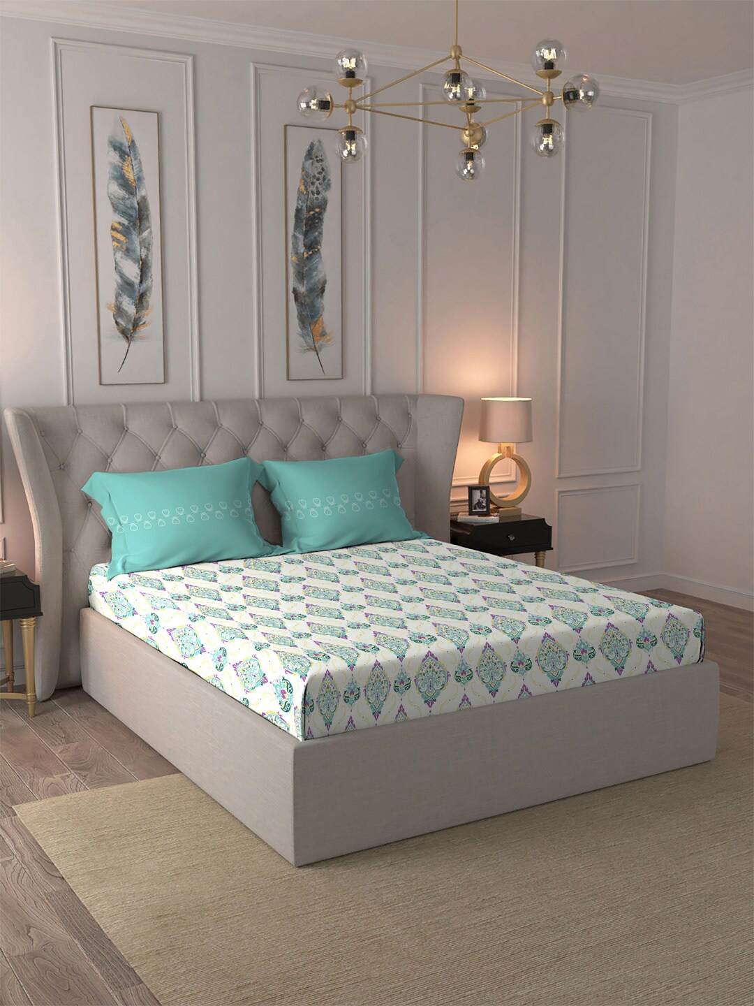 

MYTRIDENT Moments White Blue Ethnic Motifs Pure Cotton 120 TC Bedsheet 2 Pillow Covers