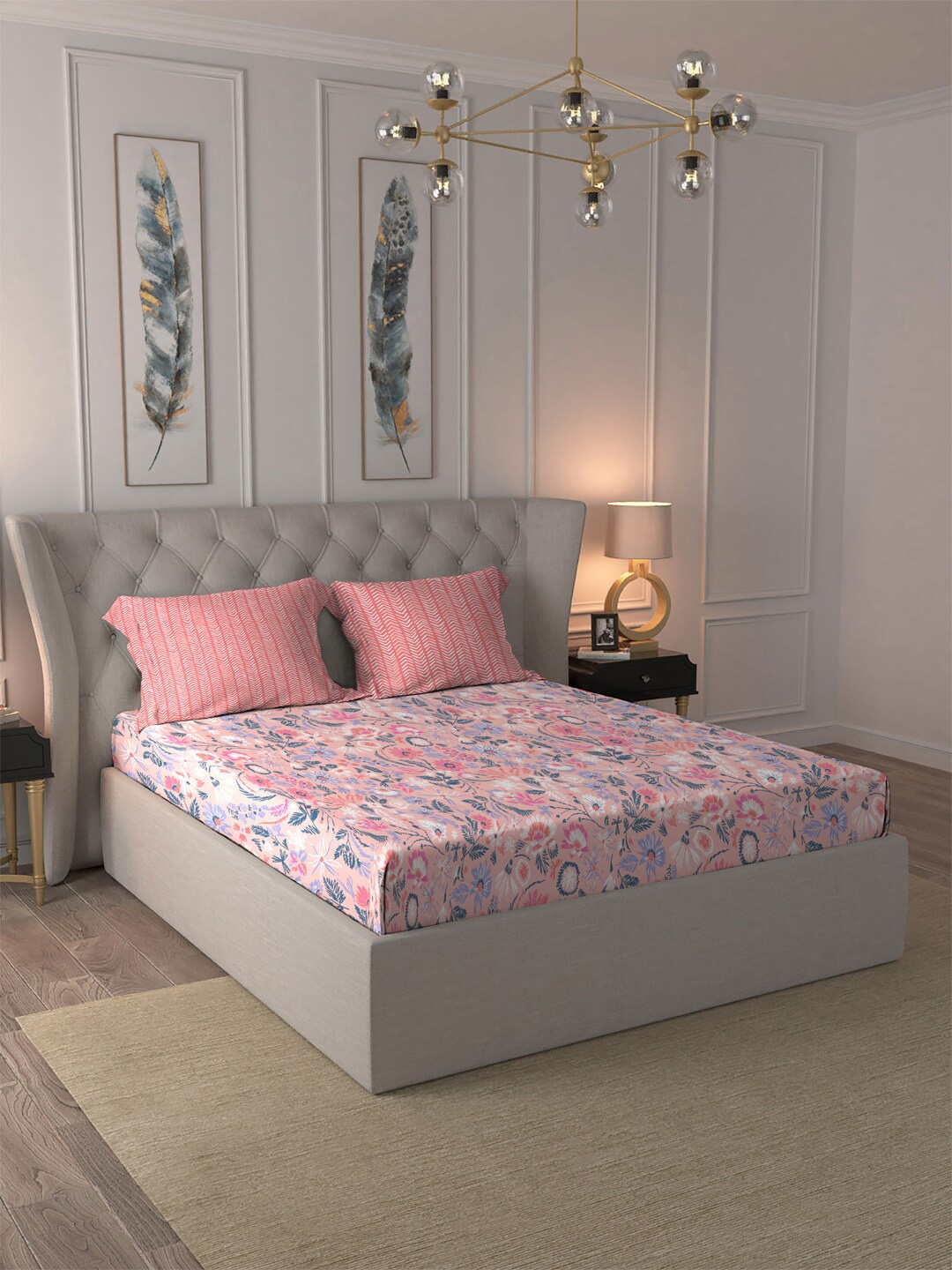 

MYTRIDENT Moments Pink White Floral Pure Cotton 120 TC Queen Bedsheet With 2 Pillow Covers