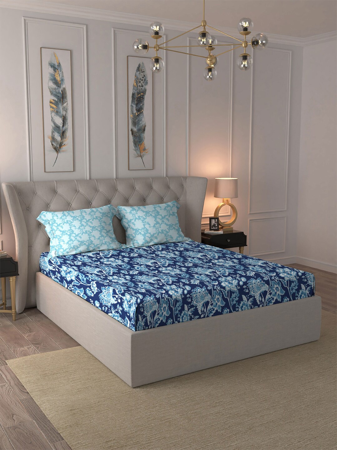 

MYTRIDENT Blue White Floral Cotton 120 TC Queen Bedsheet With 2 Pillow Covers