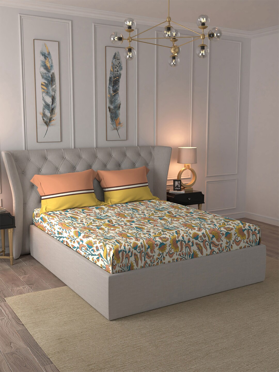 

TRIDENT Pernia Orange Moments Flat 120TC Queen Cotton Bedsheet Set