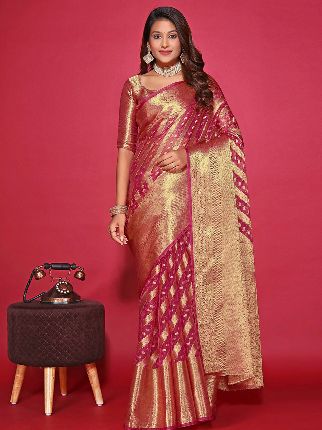 

PRENEA Ethnic Motifs Woven Design Zari Organza Banarasi Saree, Magenta