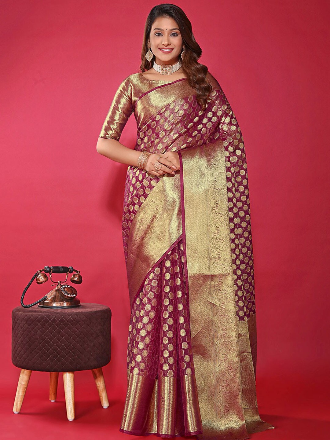 

PRENEA Ethnic Motifs Woven Design Zari Organza Banarasi Saree, Purple
