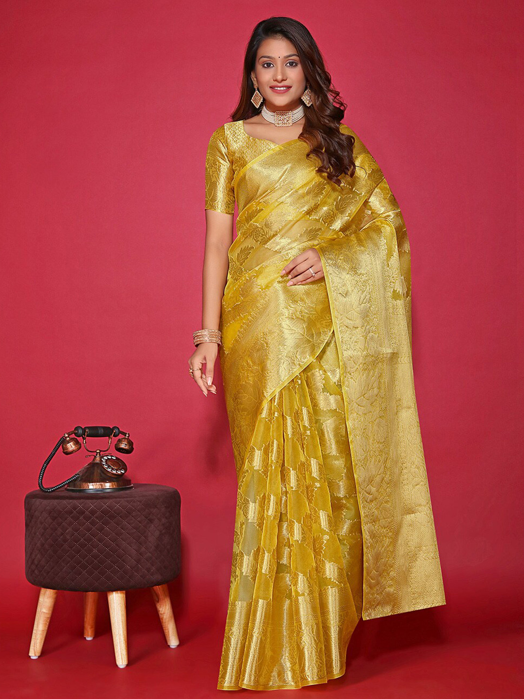 

PRENEA Ethnic Motifs Woven Design Zari Organza Banarasi Saree, Mustard