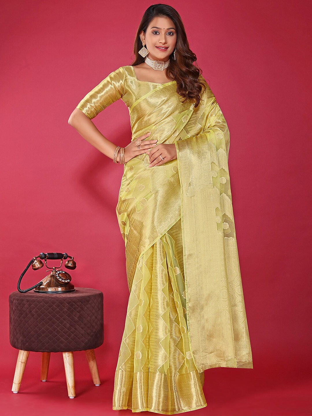 

PRENEA Ethnic Motifs Woven Design Zari Organza Banarasi Saree, Lime green
