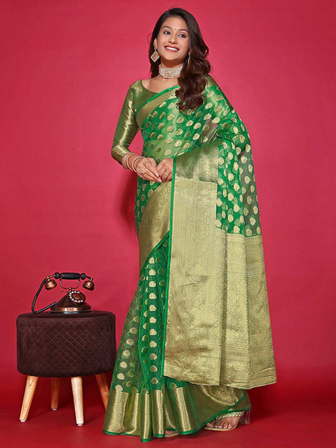 

PRENEA Ethnic Motifs Woven Design Zari Organza Banarasi Saree, Green