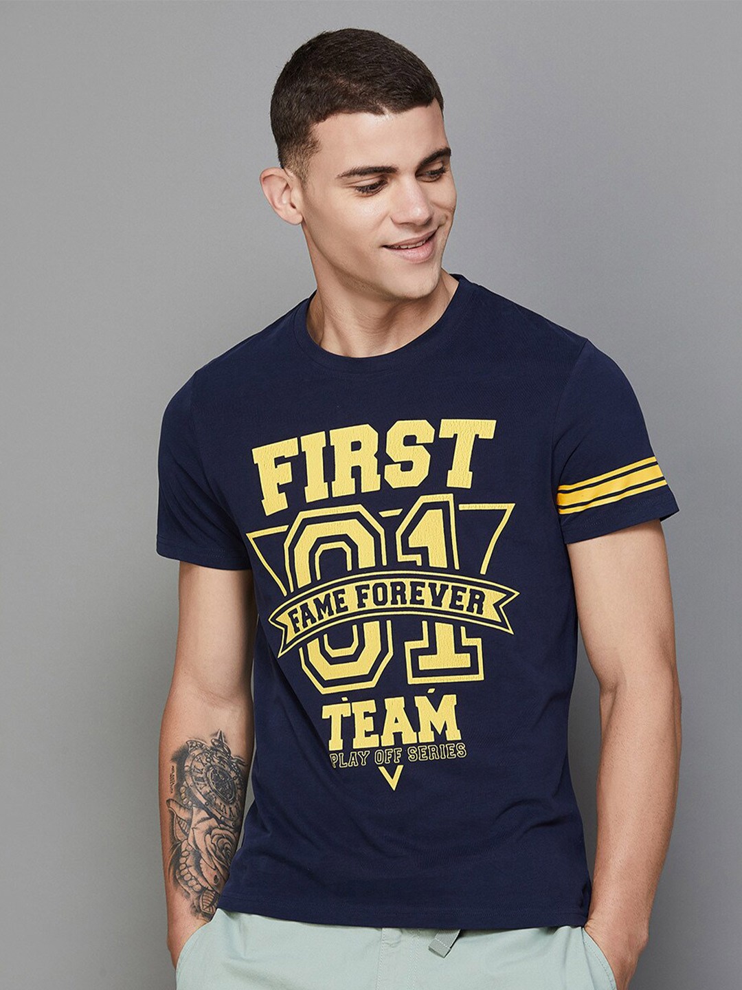 

Fame Forever by Lifestyle Typography Printed Cotton T-shirt, Blue