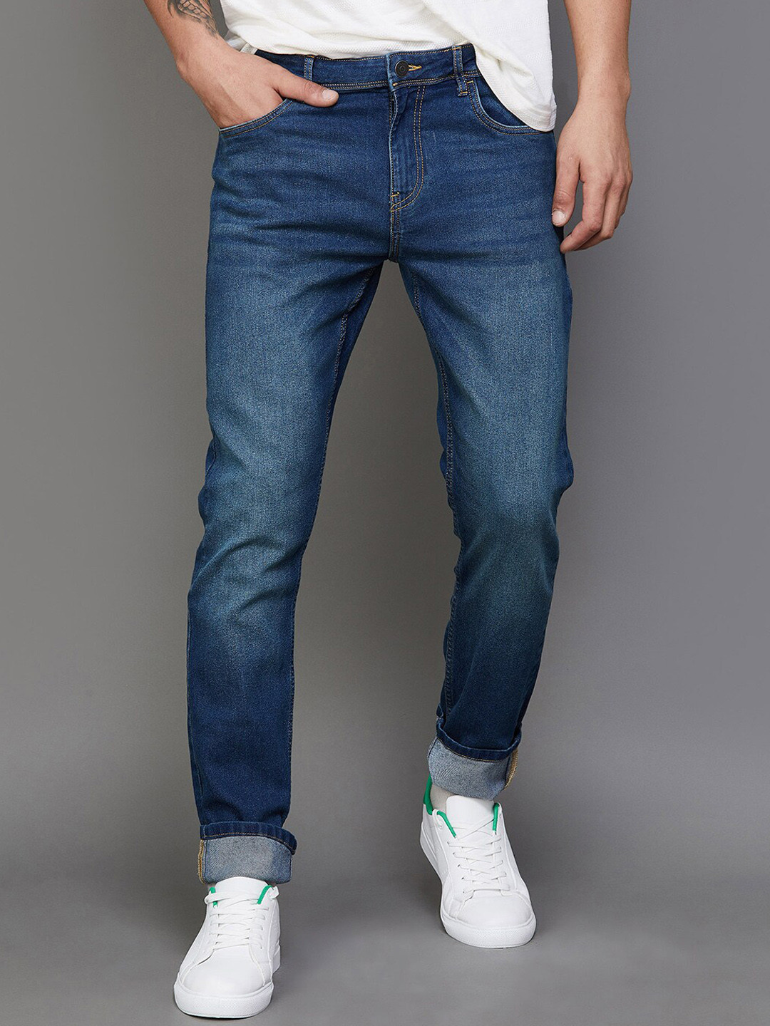 

Fame Forever by Lifestyle Men Tapered Fit Clean Look Light Fade Cotton Jeans, Blue