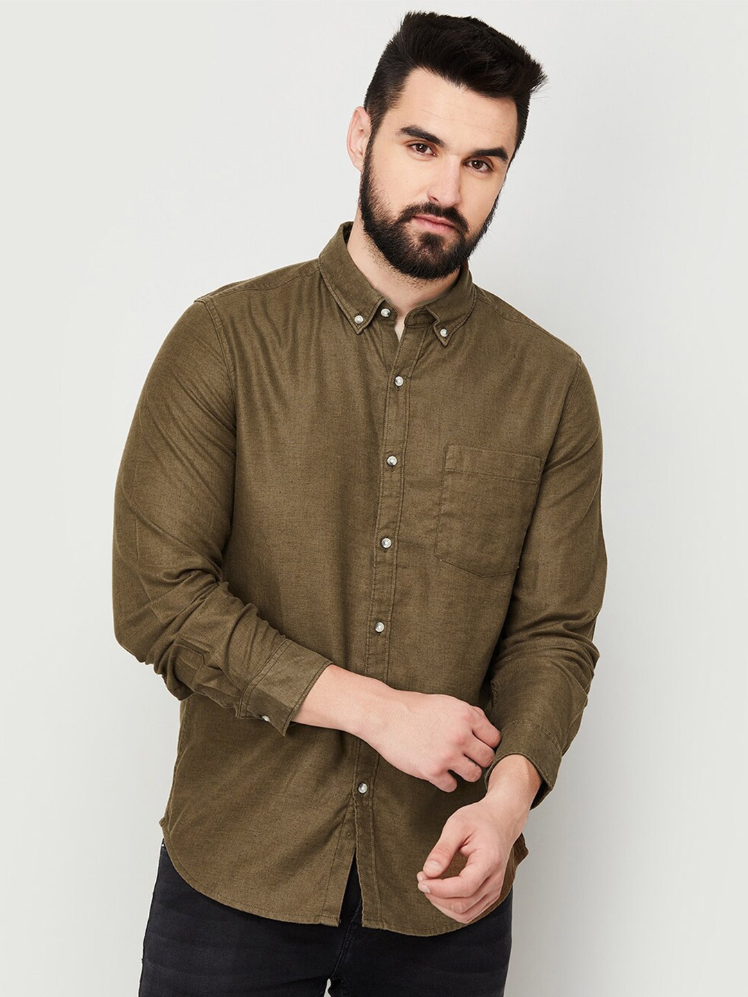 

Fame Forever by Lifestyle Button Down Collar Cotton Casual Shirt, Olive