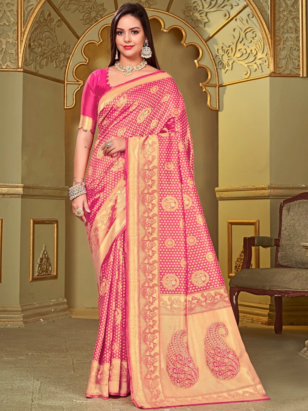 

SARIYA Ethnic Motifs Woven Design Zari Banarasi Saree, Pink