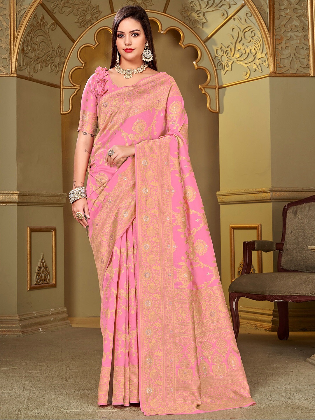 

SARIYA Ethnic Motifs Woven Design Zari Banarasi Saree, Pink
