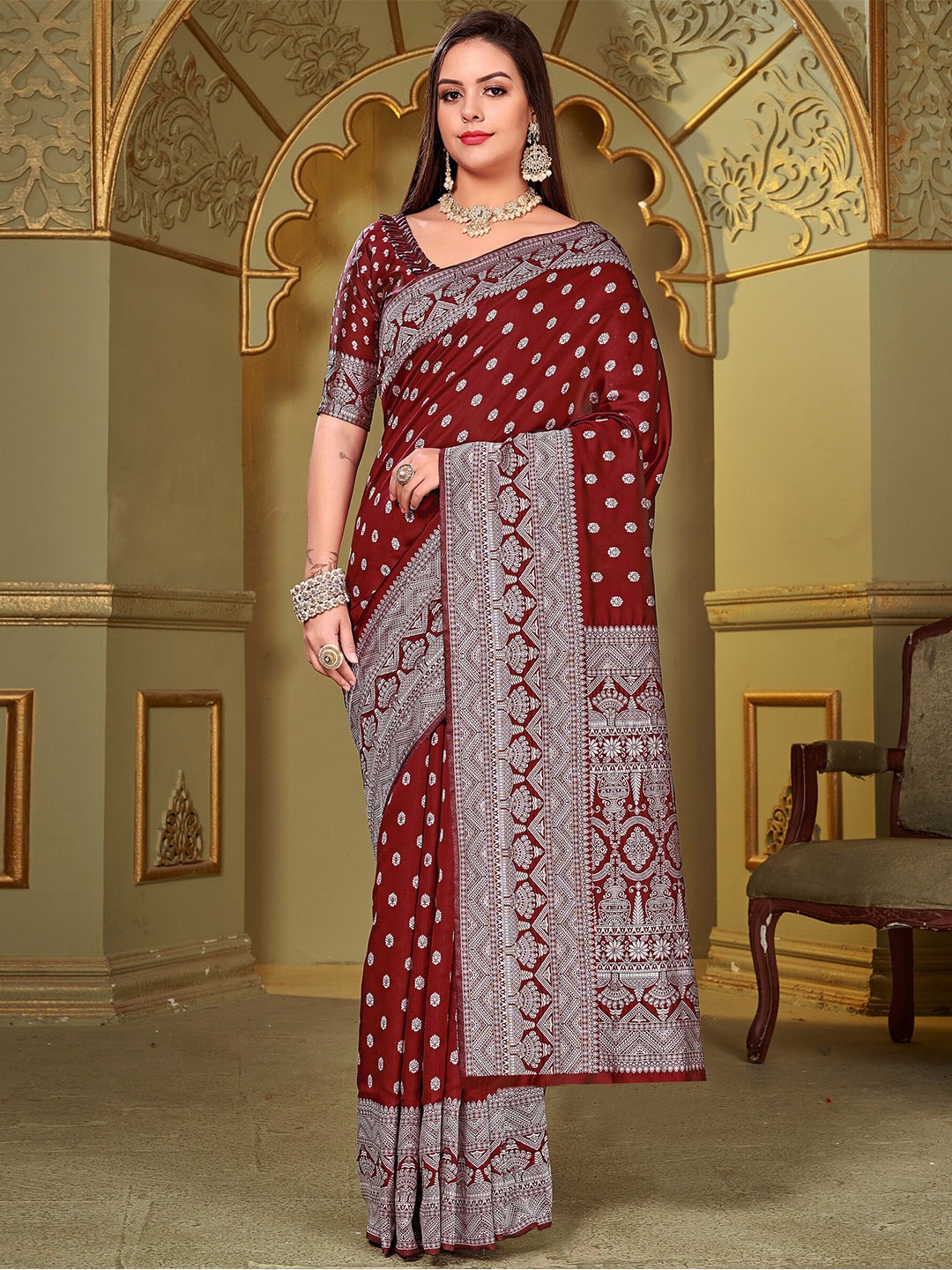 

SARIYA Ethnic Motifs Woven Design Zari Detailed Banarasi Saree, Maroon