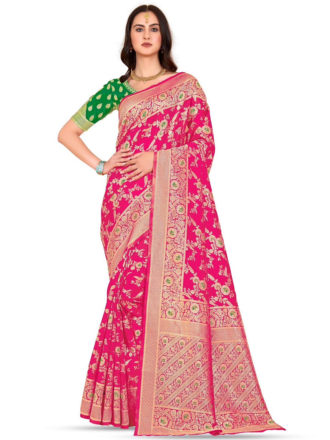 

SARIYA Floral Woven Design Zari Detailed Banarasi Saree, Pink