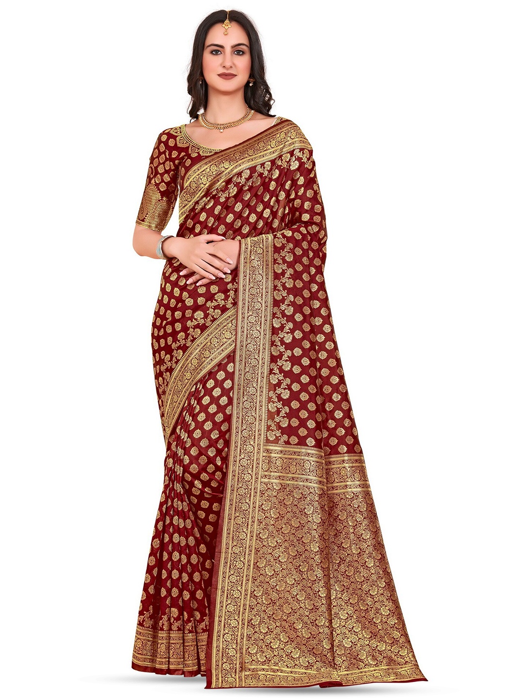 

SARIYA Ethnic Motifs Woven Design Zari Detailed Banarasi Saree, Maroon