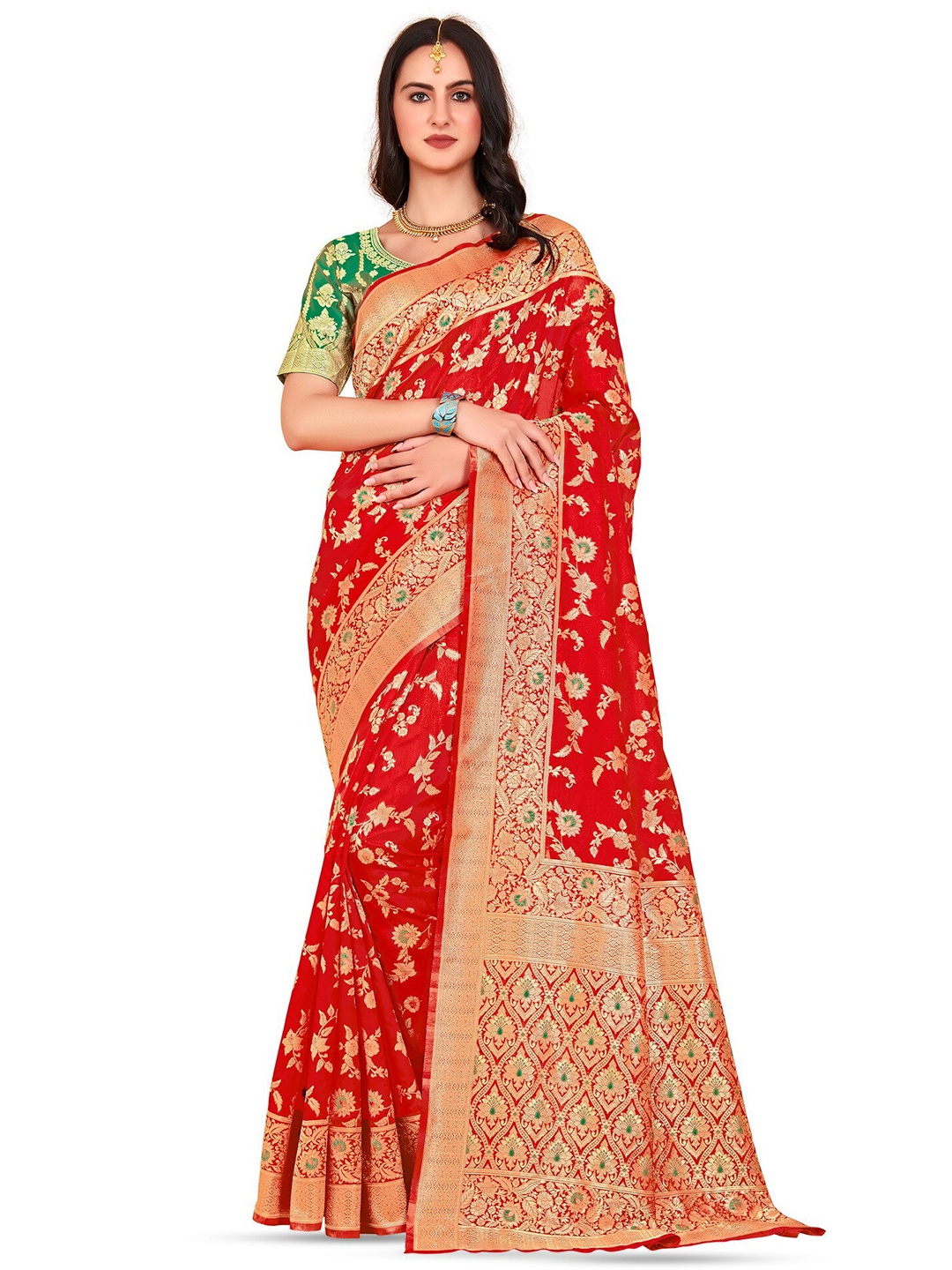 

SARIYA Floral Woven Design Zari Detailed Banarasi Saree, Red