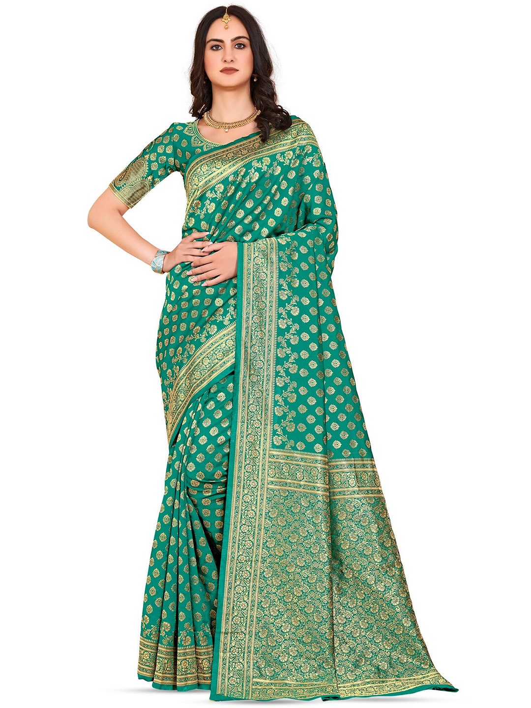 

SARIYA Ethnic Motifs Woven Design Zari Detailed Banarasi Saree, Green