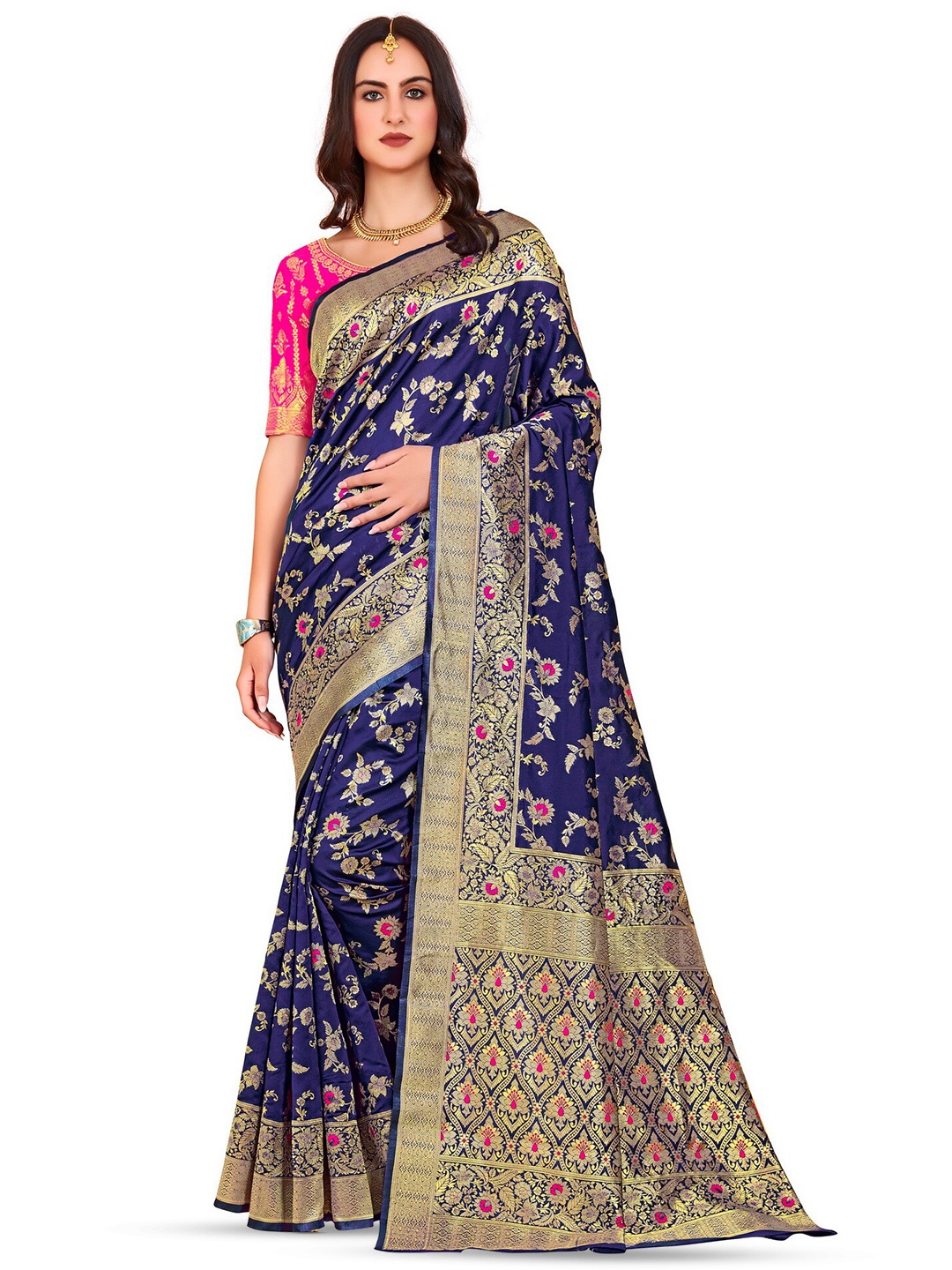 

SARIYA Floral Woven Design Zari Detailed Banarasi Saree, Navy blue