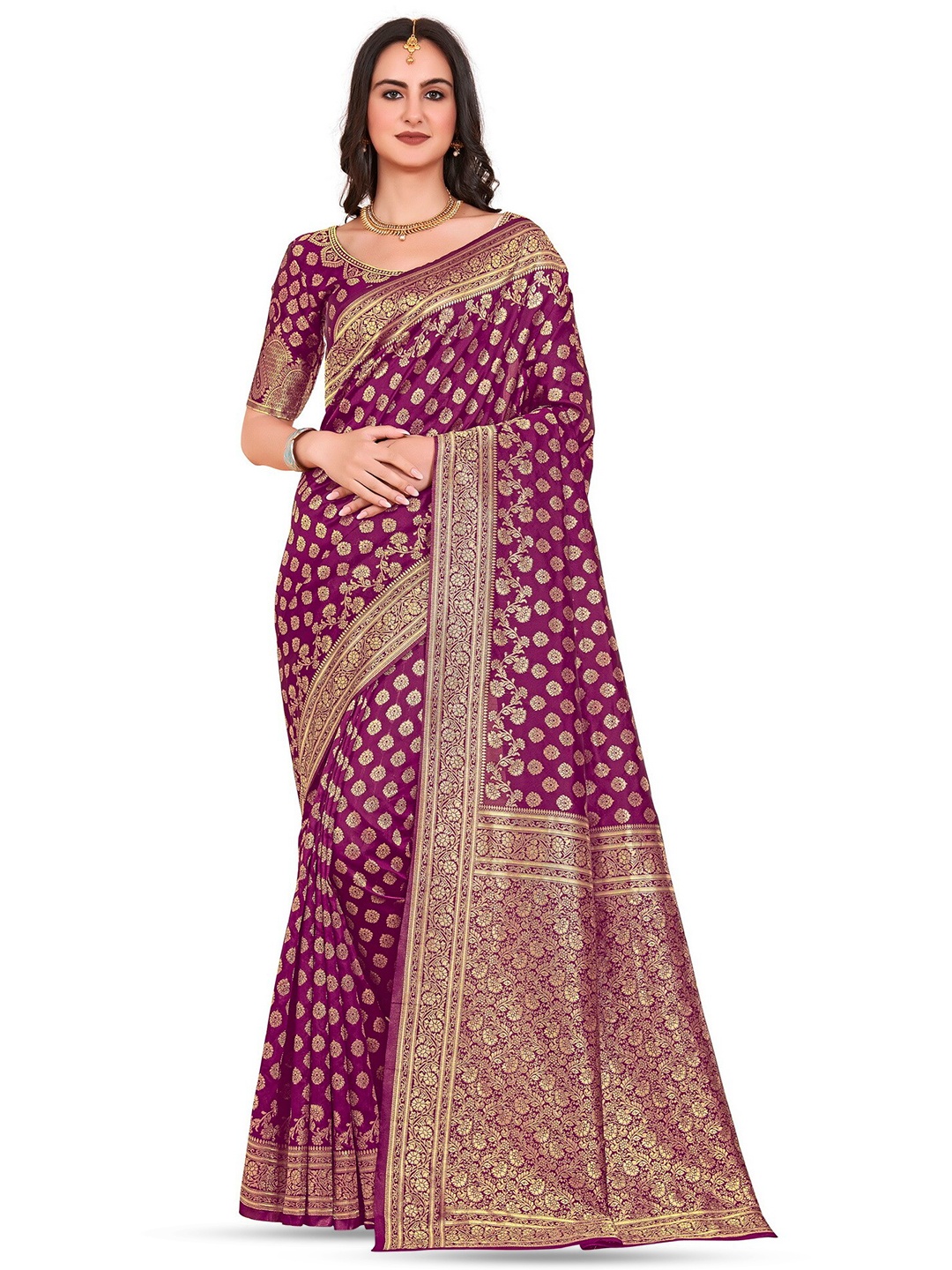 

SARIYA Ethnic Motifs Woven Design Zari Detailed Banarasi Saree, Purple
